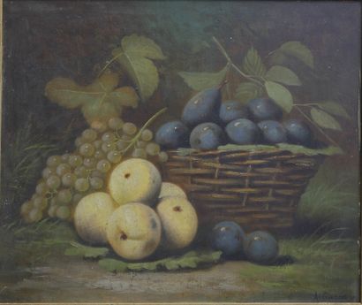 null A. GONDOIS (XXème siècle). Nature morte aux figues, raisins et pêches. Huile...