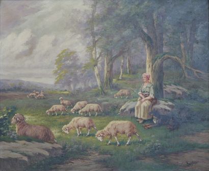 null Louis LARTIGAU (fin XIXème-début XXème siècle). Bergère et son troupeau. Huile...