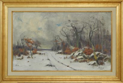 null 
MERNY DESIRE (1865-1947) Paysage enneigé. Huile sur toile signée en bas à droite....