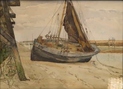 null Jules BOULVIN (1855-1920) "Bateau de pêche à marée basse à Nieuport" Aquarelle...