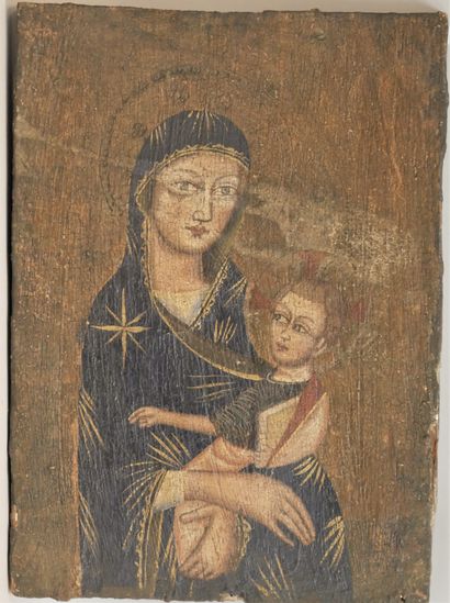 null Virgin and Child. Oil on old wood panel. Middle 20th century. 40 x 29,5 cm