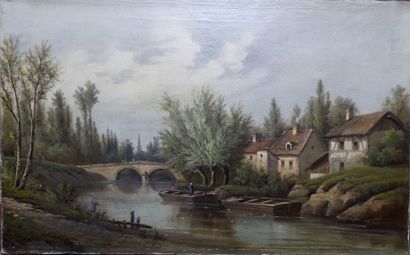 null French school of the end of the 19th century. Village by the river. Oil on canvas....
