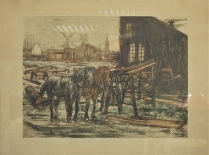 null Auguste OLEFFE (1867-1931) Relais à Nieuport. Etching in color signed, dated...