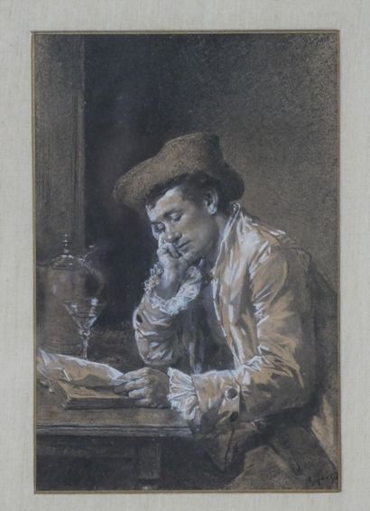 null François-Adolphe GRISON (1845-1914) Gentleman reading. Highlighted charcoal...