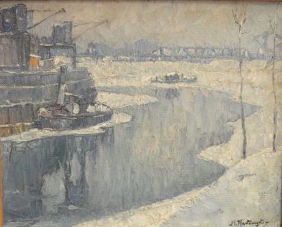 null RAKOWSKI Mecislas de ( POLAND1882- BELGIUM 1947), The Meuse under the snow.

Oil...