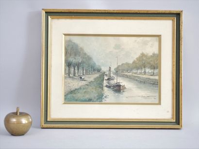 null Ecole belge (XXe siècle) Canal de Coronmeuse. Aquarelle portant une signature...