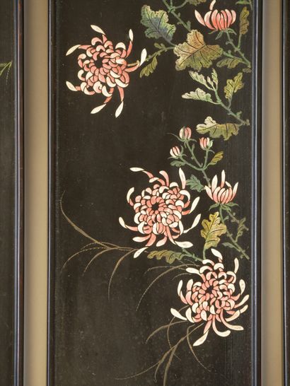 null VIETNAM, 20th century. Signed Thanh Ley. Four polychrome lacquered panels on...