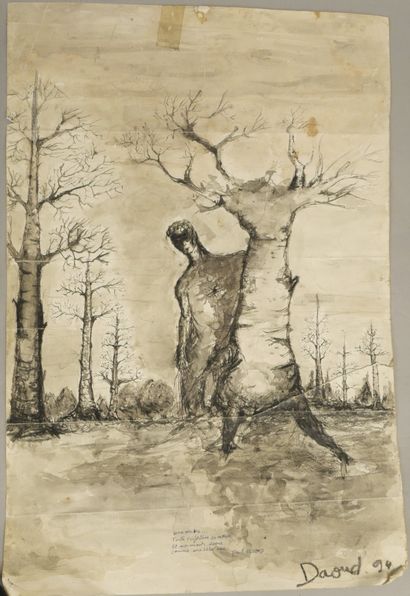 null French School (Xth century) Symbolist Forest, 94. Ink and wash drawing signed...