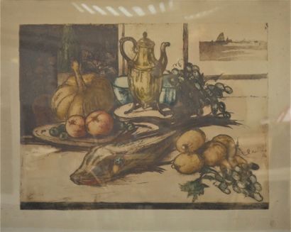 null Auguste OLEFFE (1867-1931) Still life. Etching in colors justified in red pencil...