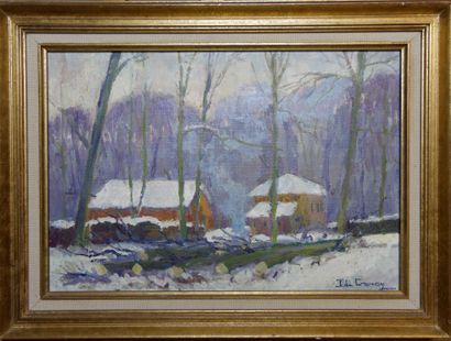 null Isabelle de GANAY (1960). Snow in the green forest. Oil on canvas. Signed lower...