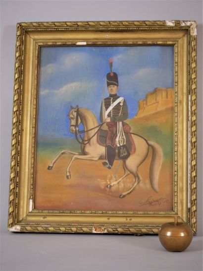 null Naive school beginning of XXth century. Hussar on horseback in front of the...