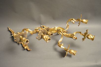 null Belle paire d’appliques en bronze doré de style Louis XV à trois bras de lumières....