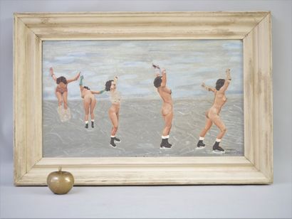 null J. PERRAUT (Belgian school of the XXth century) The Skaters. Oil on canvas signed,...