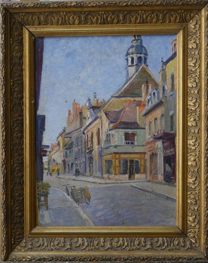 null French school of the XXth century. Street view. Oil on wood panel. 40 x 31cm....