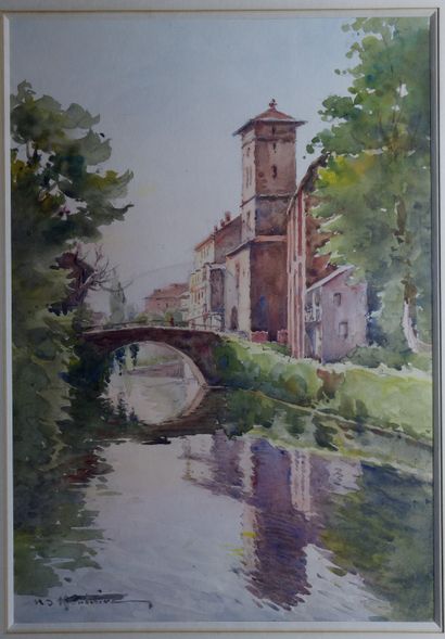 null French school of the 20th century. The Nive at Saint-Jean-Pied-de-Port. Watercolor....