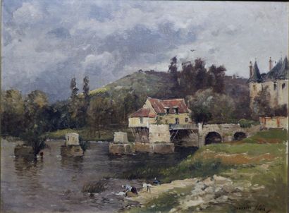 null Maurice LEVIS (1860-1940). Lavandière du château à la rivière. Huile sur bois....