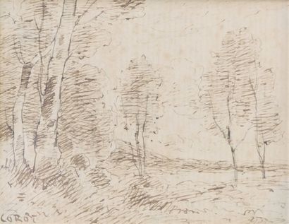 null ATTRIBUTED TO CAMILLE COROT (FRA/ 1796-1875) 

Edge of a forest 

ink on paper...