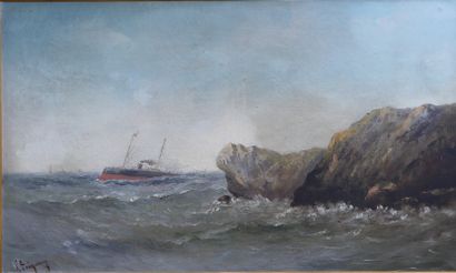 null Paul SEIGNON (1820-1890). Bateau vapeur au bord des rochers. Vue d’une ile....