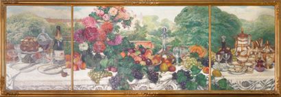 null Léon FREDERIC (1856-1940) Table de festin. Oil on canvas in triptych signed...
