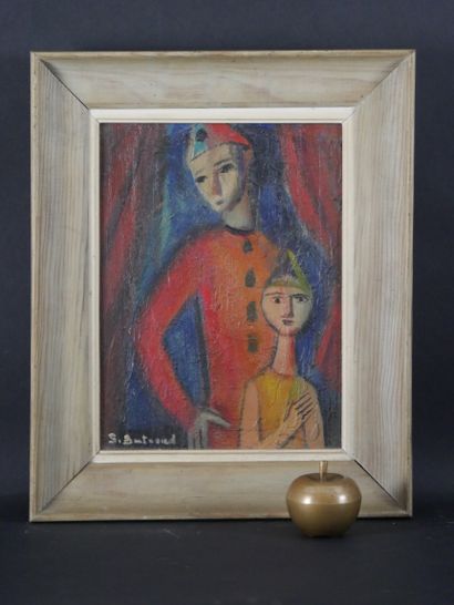 null Solange Bertrand (1913 - 2011). Deux Arlequins. Huile sur toile, signée en bas...