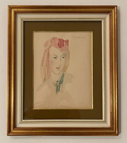 null 
Marie LAURENCIN (1883-1956) Portrait de jeune femme au foulard vert. Aquarelle...