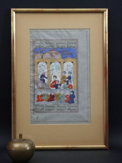 null Peinture d’album : Scène de prêche dans un palais et calligraphies. Iran, XIX...