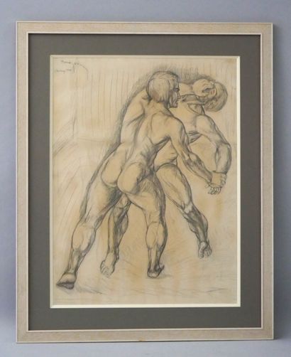 null Simon MONDZAIN (1890-1979) Les lutteurs, dessin à la mine de plomb signé, situé...