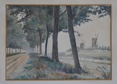 null J.LELOUP (XXeme siècle) Moulins près de Bruges, 1943. Aquarelle signée et datée...