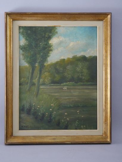 null Antoine Joseph Van Rasbourgh (BRUSSELS 1831-1902) Flowered river bank. Oil on...