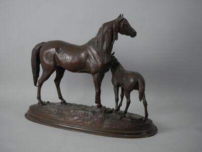 null Ferdinand PAUTROT (1832-1874) Filly and her foal. Bronze with medal patina,...