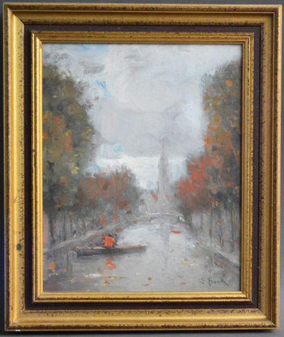 null LUCIEN FRANCK (Brussels 1857 - Ohain 1920) View of a canal in Bruges with the...