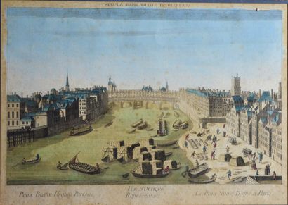 null Lot of two engravings heightened with gouache of Views of Paris, from the XVIIIth...