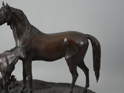 null Ferdinand PAUTROT (1832-1874) Filly and her foal. Bronze with medal patina,...