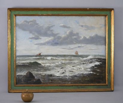 null Eugène LEROUX (1833-1905) Bord de plage du Nord Huile sur toile signée en bas...