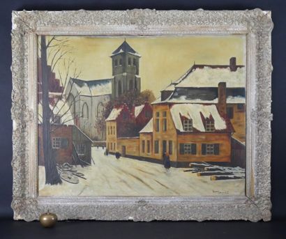 null E. Vandendriessche. Neighborhood of the snow-covered church. Oil on canvas,...