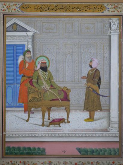  MINIATURE REPRESENTANT UN DIGNITAIRE SIKHE. Dans son palais, un dignitaire Sikhe,...