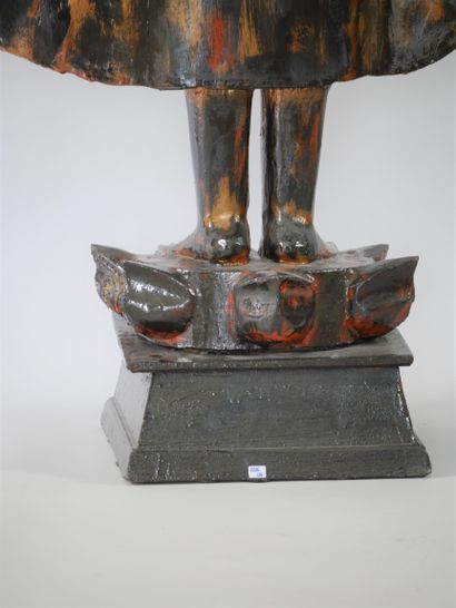 null BURMA, modern. Standing Buddha of welcome. Lacquered wood, inlaid with glass....