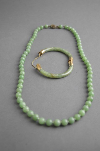 null LOT composé d’un collier de 63 perles de jade vert en choker (9mm), fermoir...