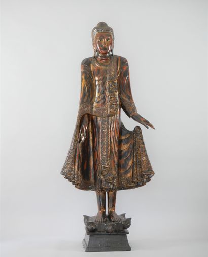 null BURMA, modern. Standing Buddha of welcome. Lacquered wood, inlaid with glass....