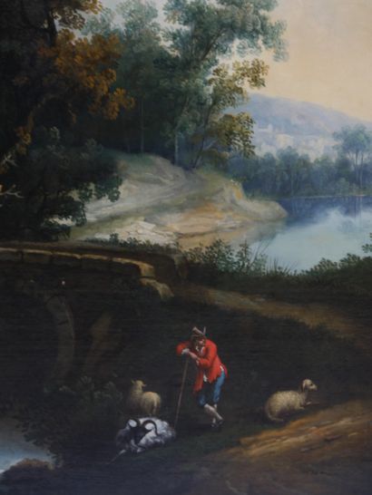 null FRENCH SCHOOL of the middle of the XIXth century. Shepherd by a river. Oil on...