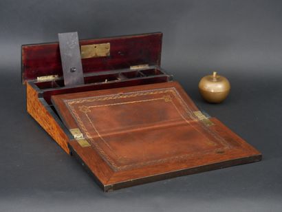 null WRITINGBOOK in burr and dark wood fillet centered with a brass and mother-of-pearl...