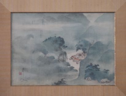 null VIETNAM, Xth century. Two paintings on silk decorated with landscapes. Signatures...