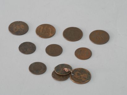 null ENSEMBLE de monnaies Napoléon III et Marianne en cuivre de 1853 à 1872, en l'état,...