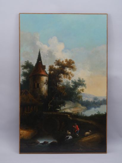 null FRENCH SCHOOL of the middle of the XIXth century. Shepherd by a river. Oil on...