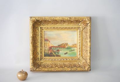 null The New Bridge in Paris. Oil on panel, signed VSL. Framed by Carvers House in...