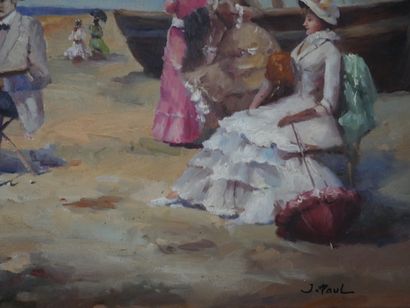 null J.PAUL. Elegantes and painter on the beach. Oil on canvas, signed lower right....