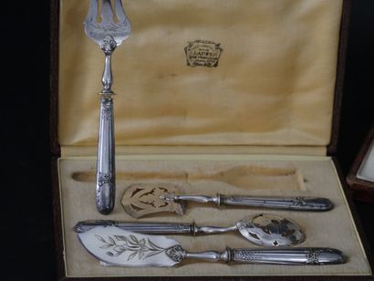 null Set of three boxes including a silver pie server with silver foliage, a candy...
