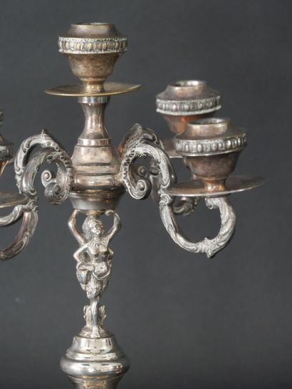 null Silver plated metal CHANDELIER, the shaft decorated with two women in loincloth...