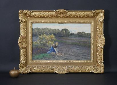null Louis Welden HAWKINS (1849-1910) Peasant Woman in the Field. Watercolor on marouflaged...