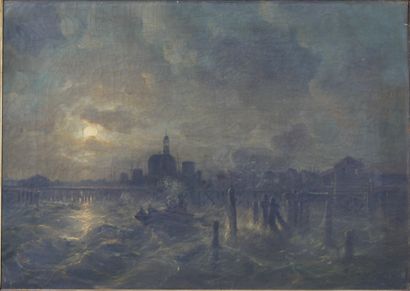 null FLEMISH SCHOOL XIXth century. Night view of Port. Oil on canvas with an undeciphered...
